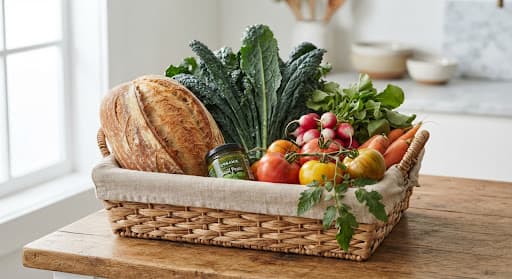 Woven basket filled with fresh bread, kale, tomatoes, and carrots