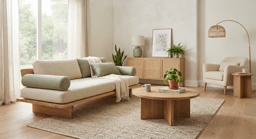 Bright living room with a natural wood sofa and potted plants
