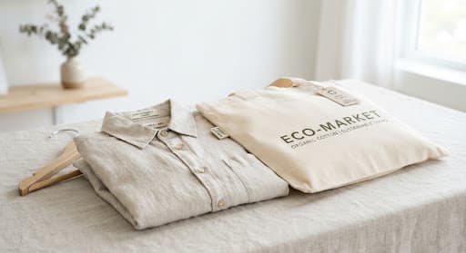 Folded organic cotton shirt beside an EcoMarket tote bag
