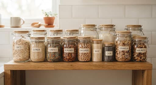 Glass jars of oats, quinoa, lentils, almonds, and granola on a wooden counter